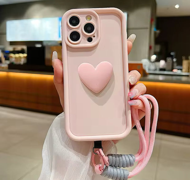 Luxury 3D Love Heart Matte Soft Lanyard Rope Phone Case For iPhone