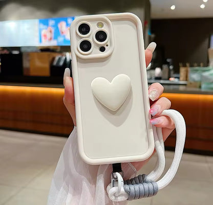 Luxury 3D Love Heart Matte Soft Lanyard Rope Phone Case For iPhone