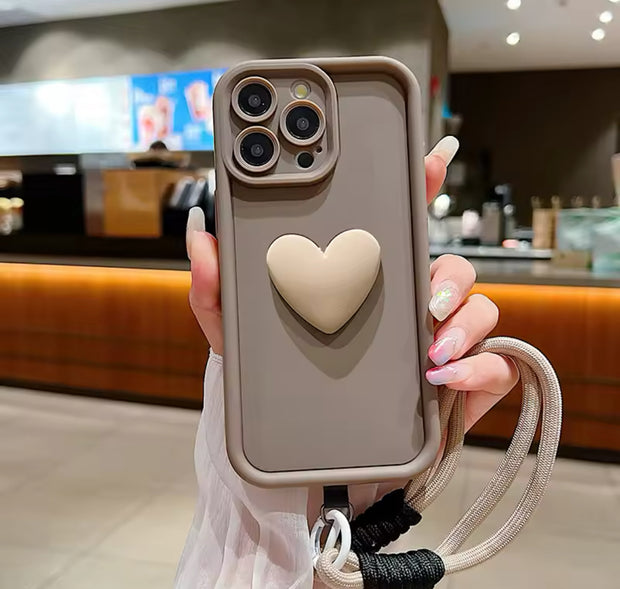 Luxury 3D Love Heart Matte Soft Lanyard Rope Phone Case For iPhone