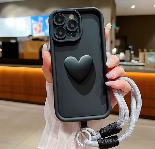 Luxury 3D Love Heart Matte Soft Lanyard Rope Phone Case For iPhone