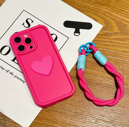 Luxury 3D Love Heart Matte Soft Lanyard Rope Phone Case For iPhone