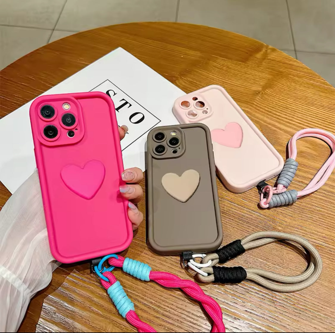 Luxury 3D Love Heart Matte Soft Lanyard Rope Phone Case For iPhone