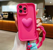 Luxury 3D Love Heart Matte Soft Lanyard Rope Phone Case For iPhone