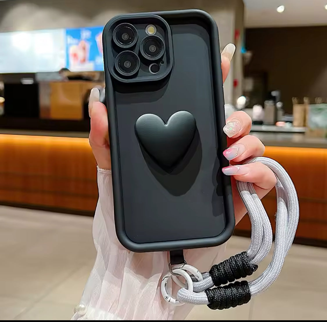 Luxury 3D Love Heart Matte Soft Lanyard Rope Phone Case For iPhone