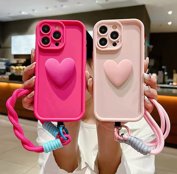 Luxury 3D Love Heart Matte Soft Lanyard Rope Phone Case For iPhone