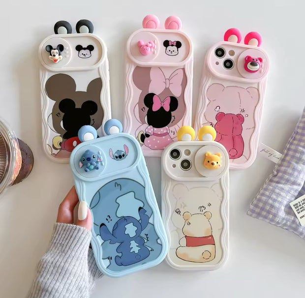 3D Ears Toy Winnie Minnie Stitch Cartoon Sliding Camera Case for iPhone