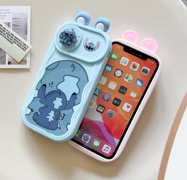 3D Ears Toy Winnie Minnie Stitch Cartoon Sliding Camera Case for iPhone