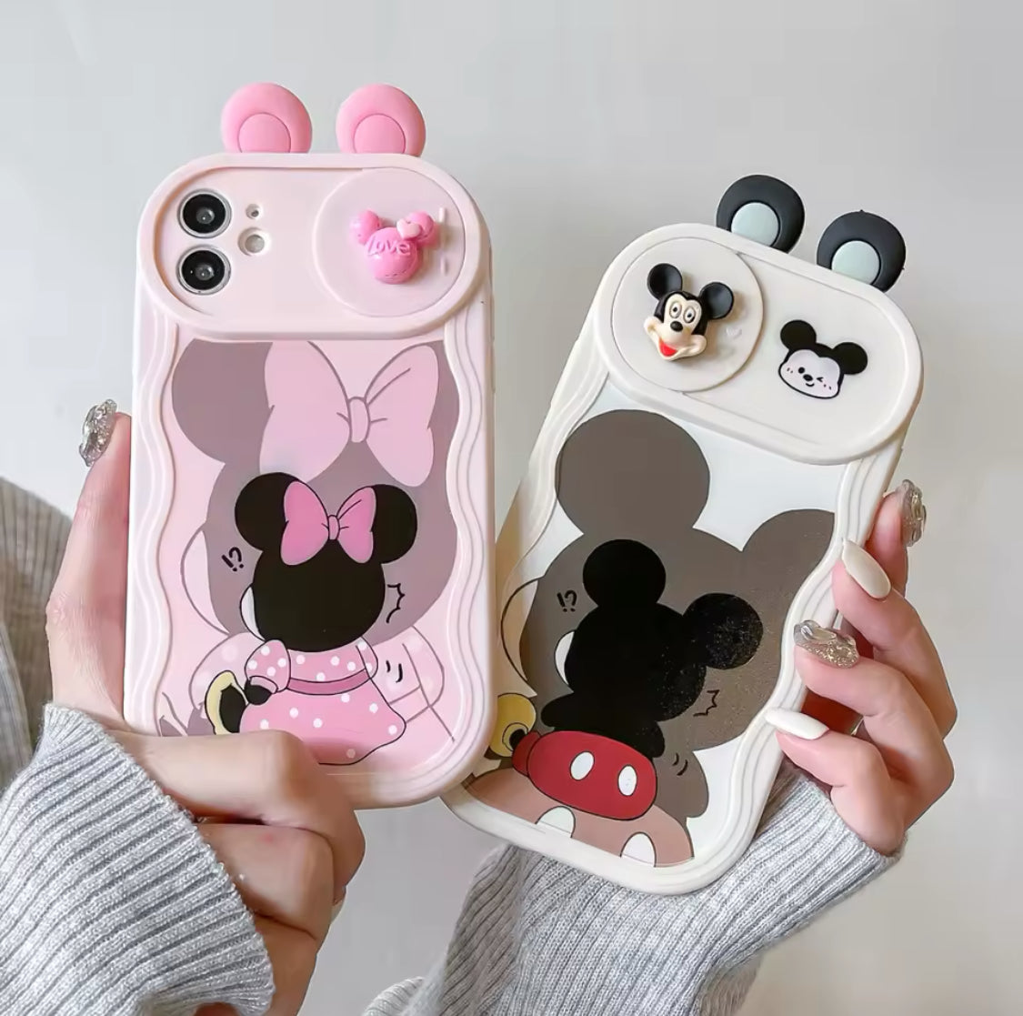 3D Ears Toy Winnie Minnie Stitch Cartoon Sliding Camera Case for iPhone